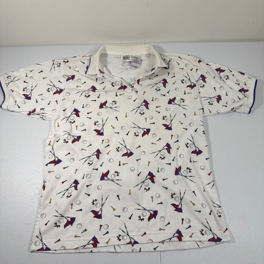 Vtg Jason Maxwell Mens Golf Polo Shirt AOP Flags‎ Golf Balls Tees White Size M